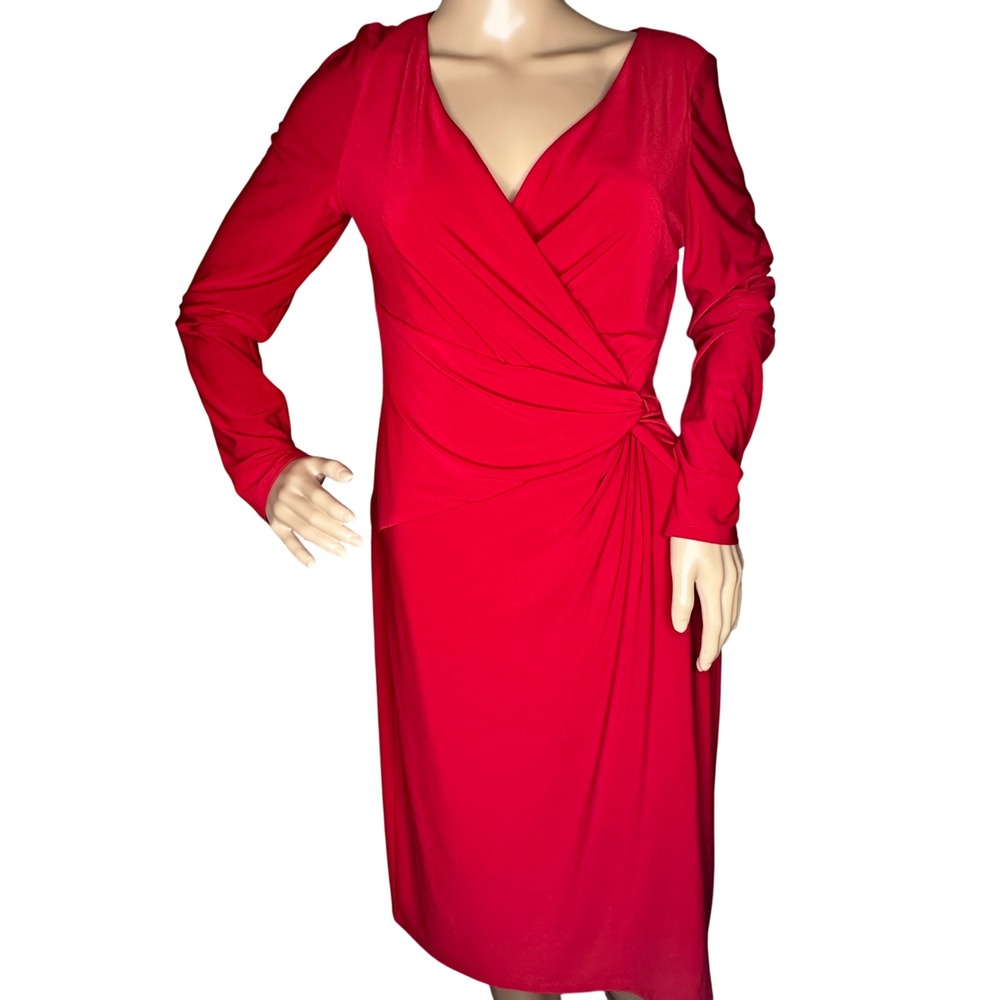 Lauren Ralph Lauren Women Red V Neck Ruched Knot Long Sleeve Midi Dress Size 10